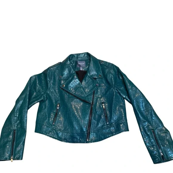 ModCloth Teal Faux Alligator Size L Cropped Moto Biker Zip Up Jacket - Picture 3 of 10